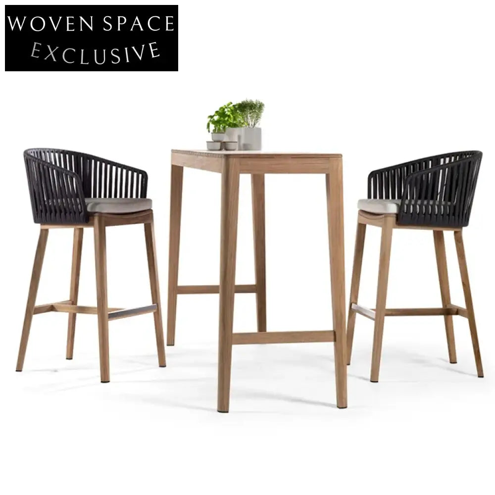 Luxury Teak Wood Outdoor High Bar Stool with Comfortable Rope Weave