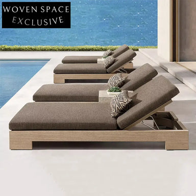 Luxury Teak Wood Outdoor Patio Chaise Lounger with Fabric Cushion and Aluminum Frame