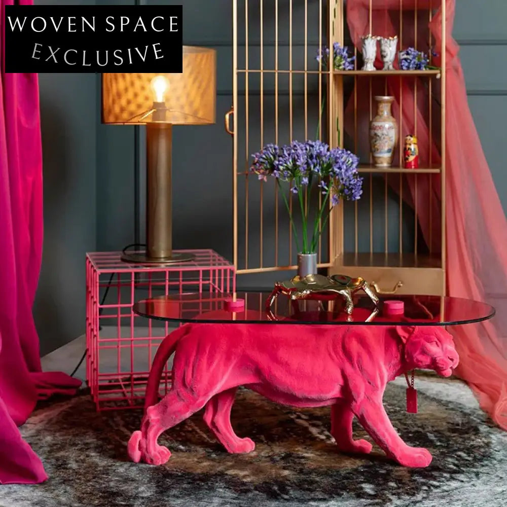 Luxury Tiger Design Fiberglass Coffee Table with Round Glass Top Modern Statement Piece