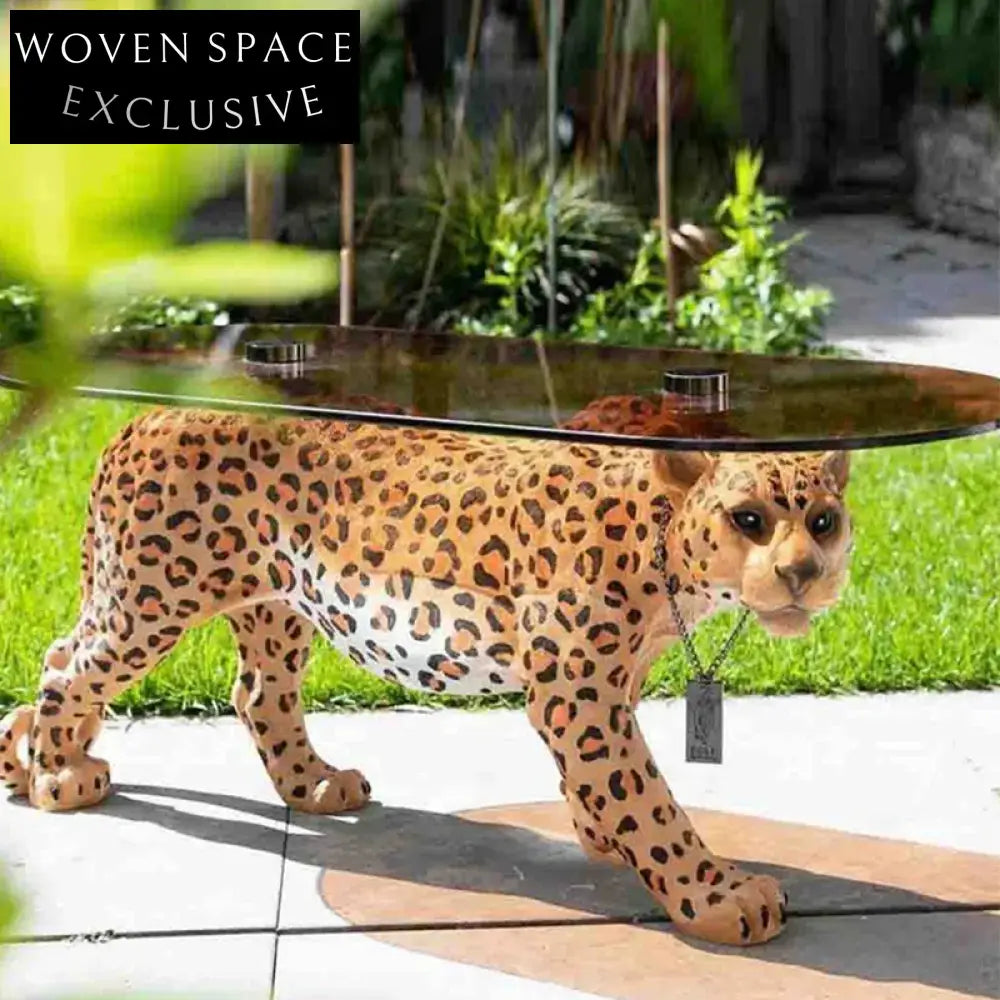 Luxury Tiger Design Fiberglass Coffee Table with Round Glass Top Modern Statement Piece