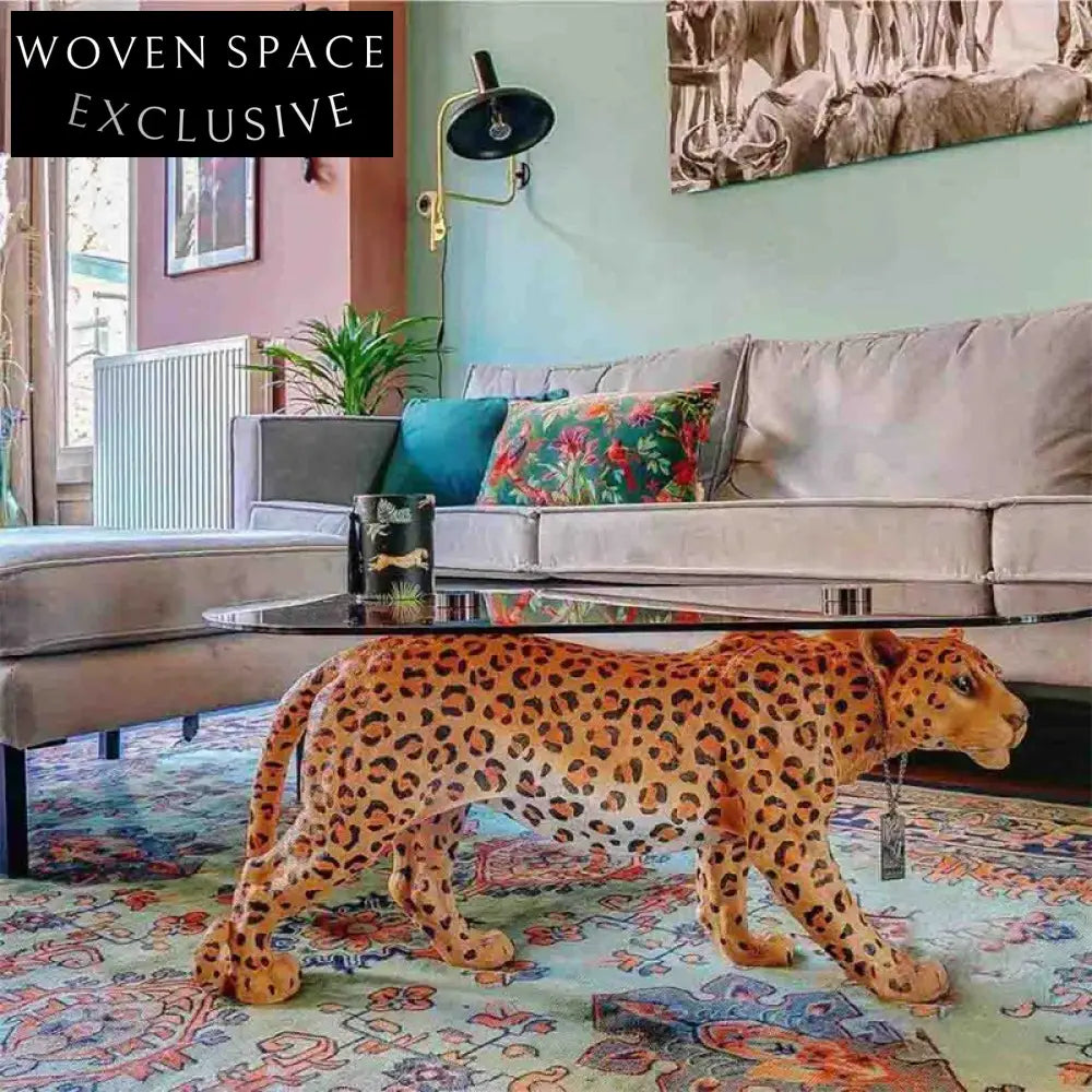 Luxury Tiger Design Fiberglass Coffee Table with Round Glass Top Modern Statement Piece