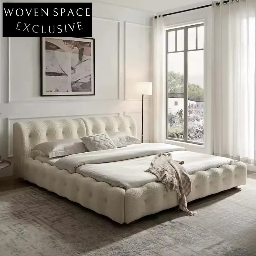 Luxury Velvet Fabric and White Leather Upholstered King Size Bed