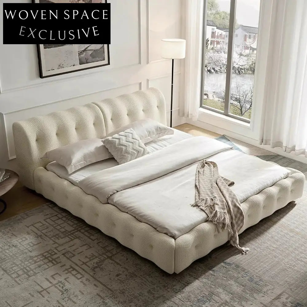 Luxury Velvet Fabric and White Leather Upholstered King Size Bed
