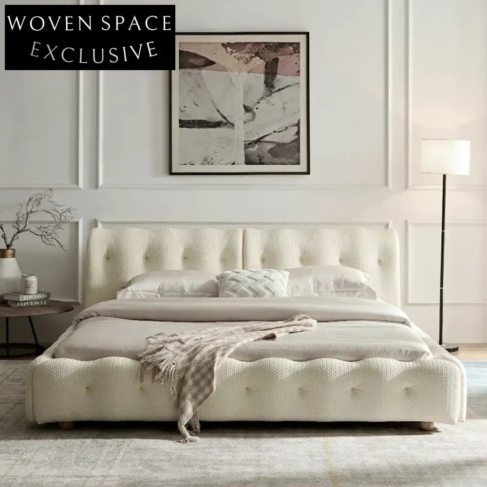 Luxury Velvet Fabric and White Leather Upholstered King Size Bed