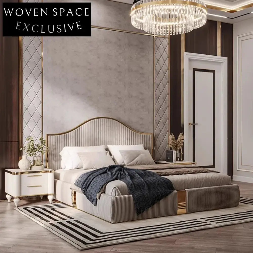 Luxury Velvet & Leather Bed Frame with Gold Stainless Steel Headboard