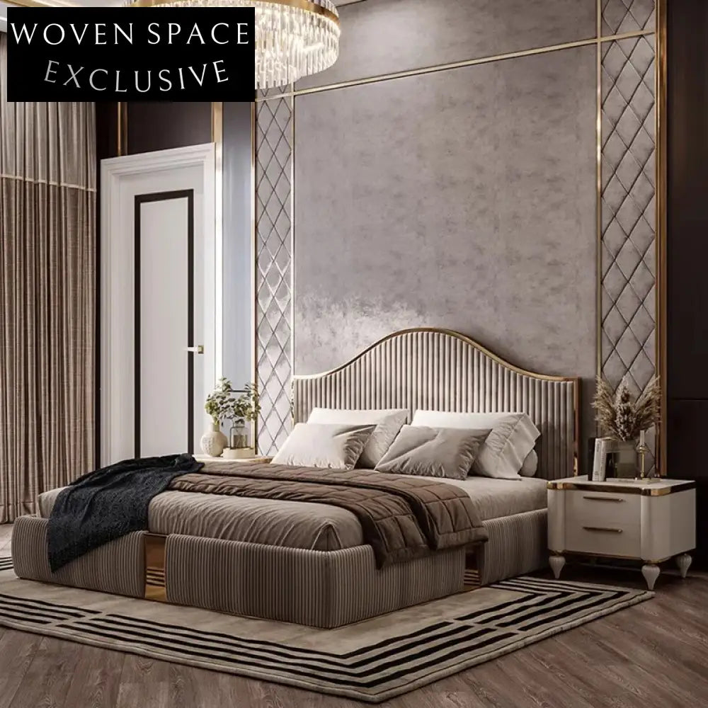 Luxury Velvet & Leather Bed Frame with Gold Stainless Steel Headboard