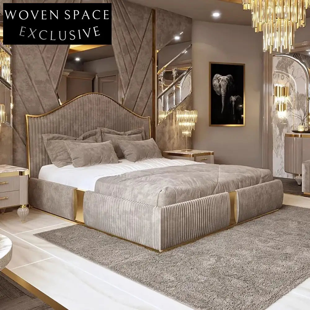 Luxury Velvet & Leather Bed Frame with Gold Stainless Steel Headboard