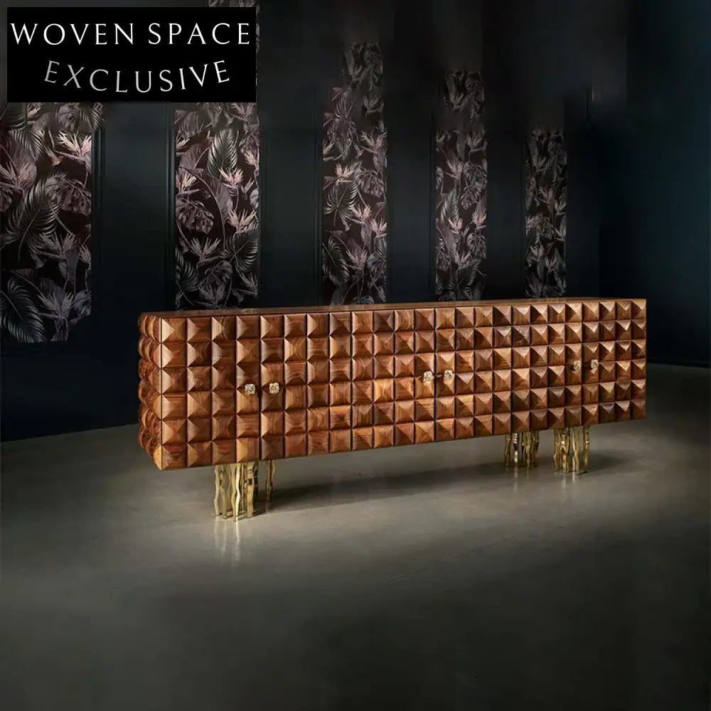 Luxury Walnut Gold Wood Hallway Sideboard Cabinet with Sturdy Metal Base