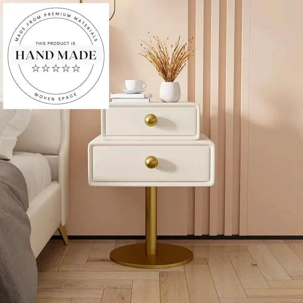 Luxury White Leather Mirrored Two Drawer Modern Bedside Table