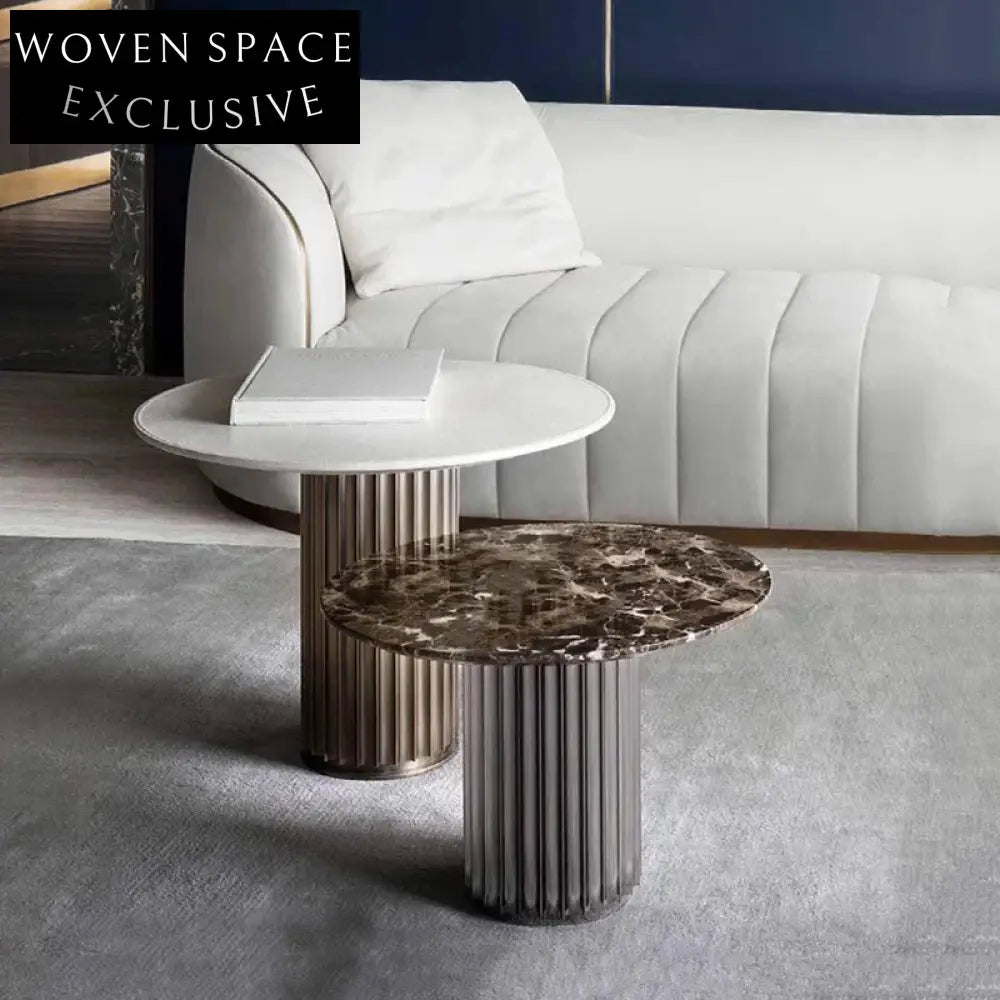 Luxury White Natural Marble Round Coffee Table with Sleek Stainless Steel Base