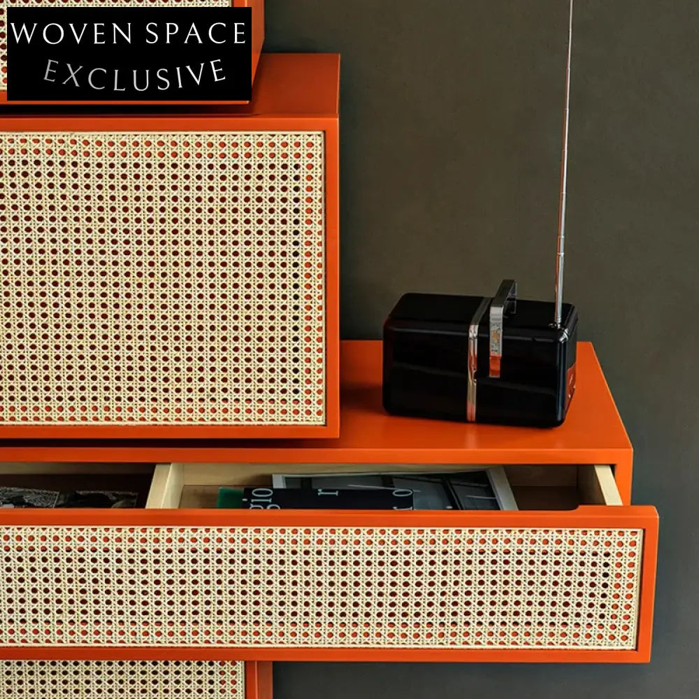 Luxury Wooden Sideboard Cabinet with 4 Drawers and Rattan Accents