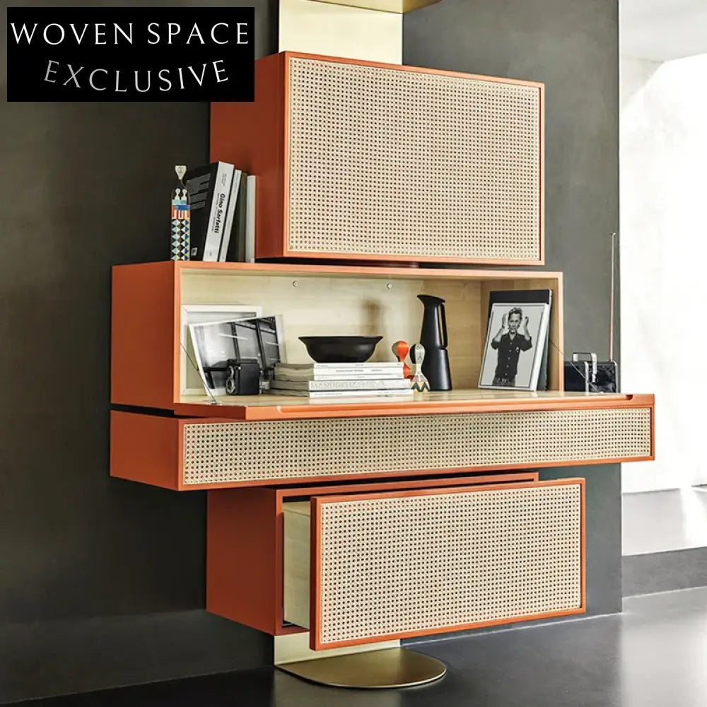 Luxury Wooden Sideboard Cabinet with 4 Drawers and Rattan Accents