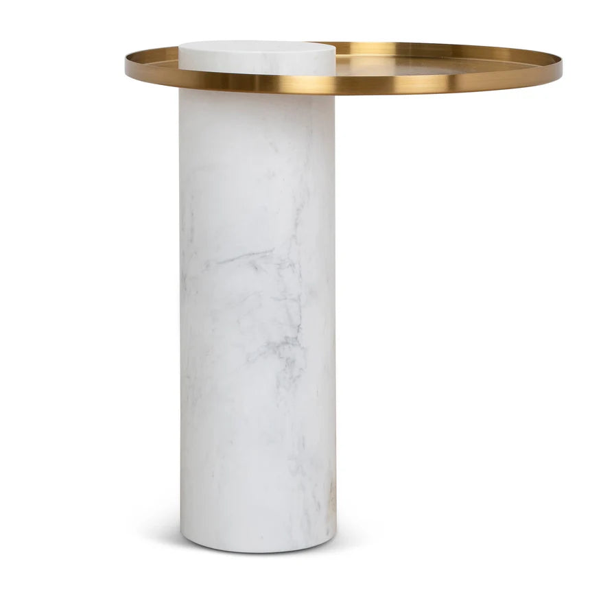 Marcela 40cm Round Brushed Gold Side Table - Marble