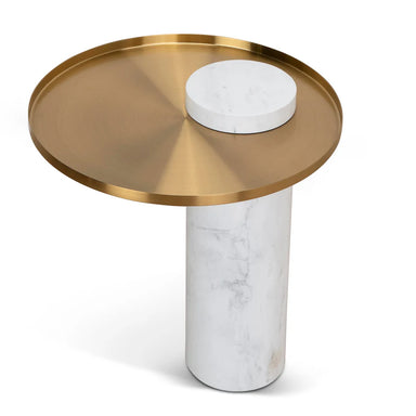 Marcela 40cm Round Brushed Gold Side Table - Marble