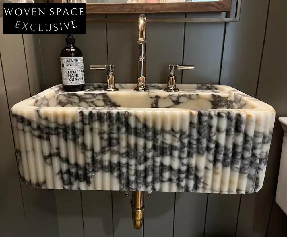 Marco Viola Ribbed Marble Sink Custom Hand-Carved Wall Mount