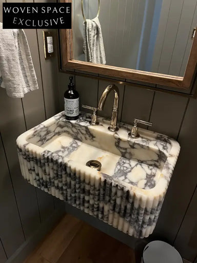 Marco Viola Ribbed Marble Sink Custom Hand-Carved Wall Mount