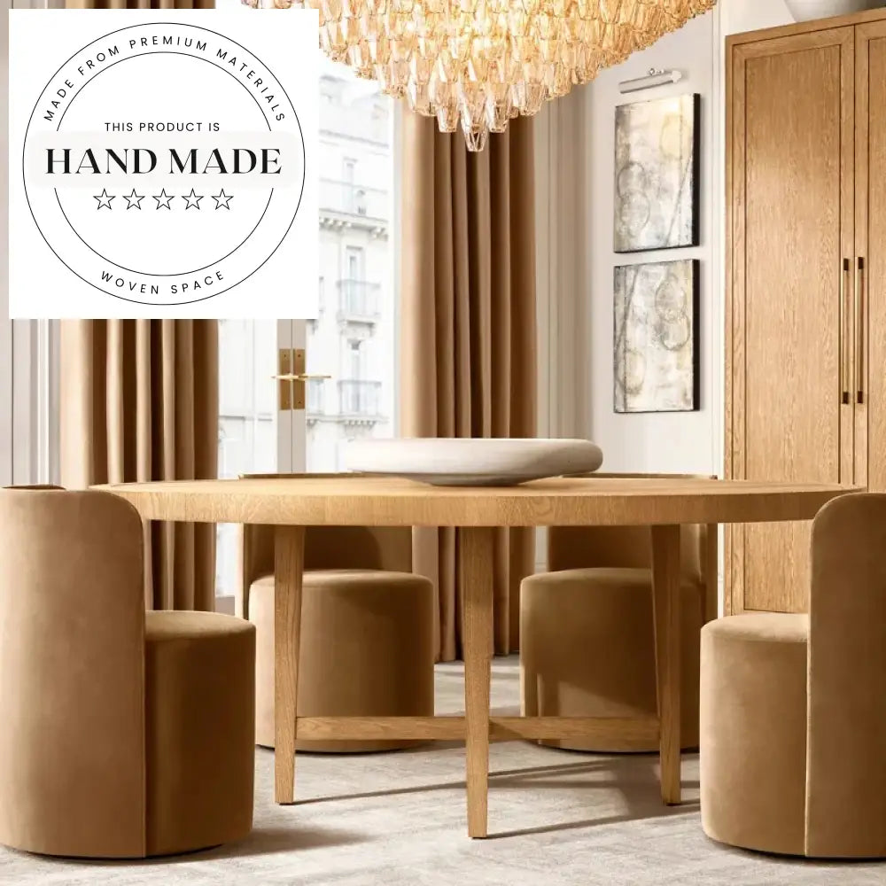 Midcentury Contemporary French Natural Oak Round 6 Seater Dining Table