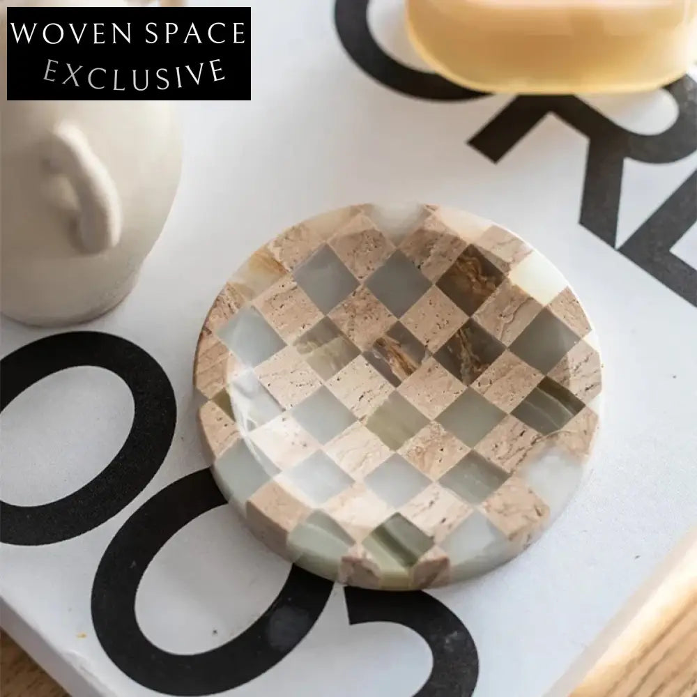 Midcentury Delicate Decoration Checkerboard Travertine Jade Serving Tray