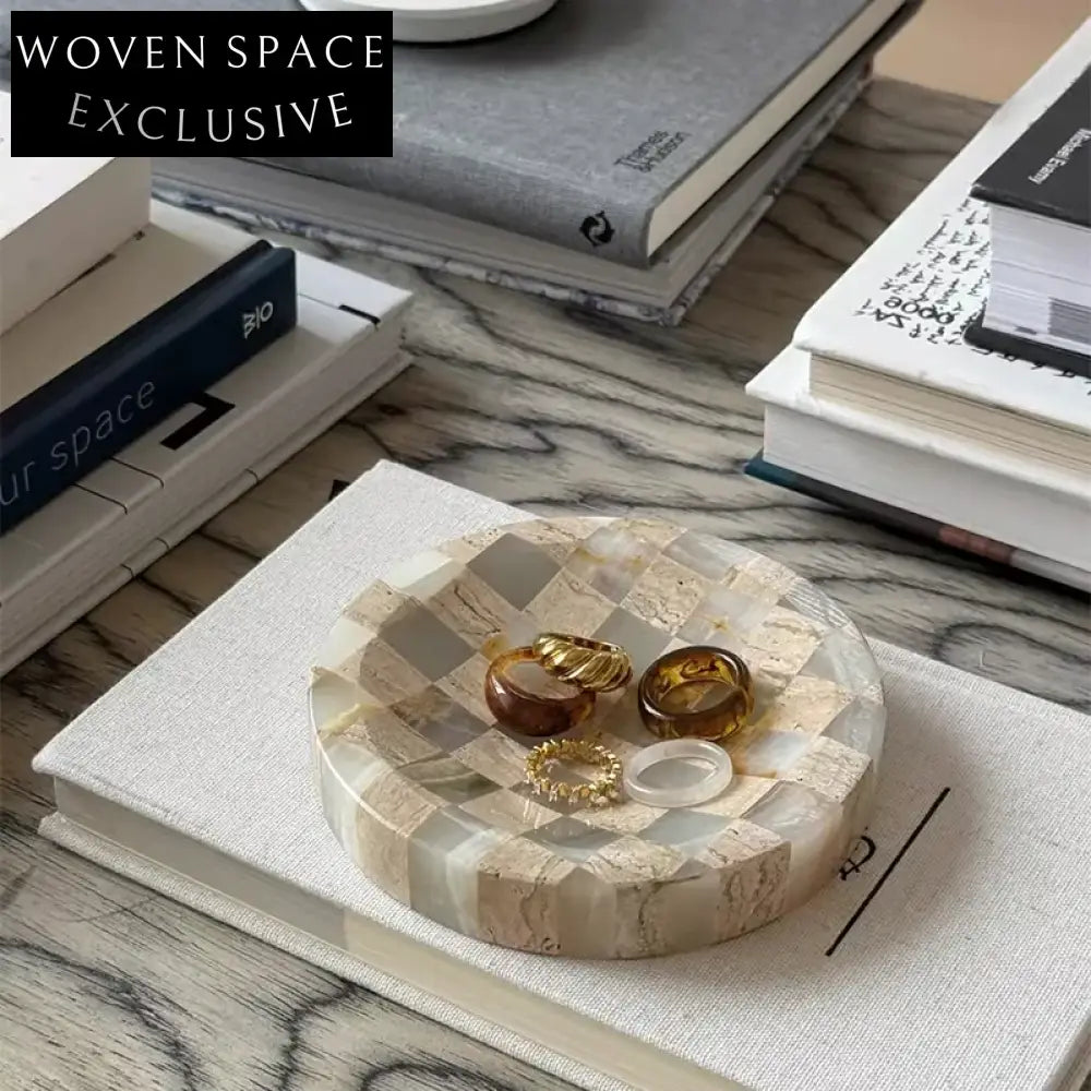 Midcentury Delicate Decoration Checkerboard Travertine Jade Serving Tray