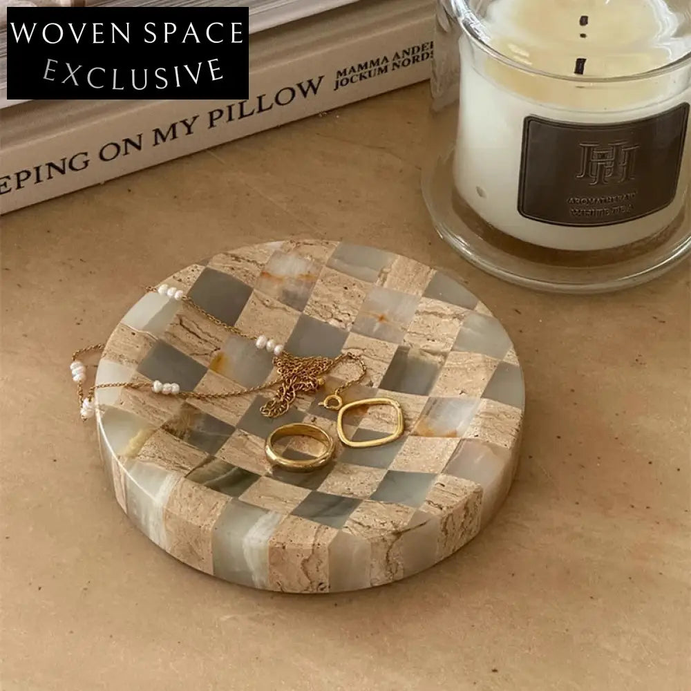 Midcentury Delicate Decoration Checkerboard Travertine Jade Serving Tray