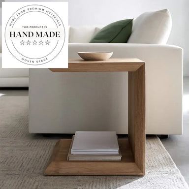 Midcentury Natural Oak Wooden Sofa C-Frame Accent Side Table