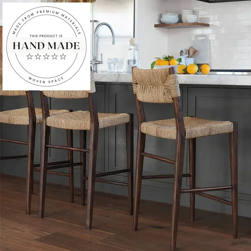 Midcentury Vintage Rattan Weave Counter Bar Stool with Solid Wood Frame