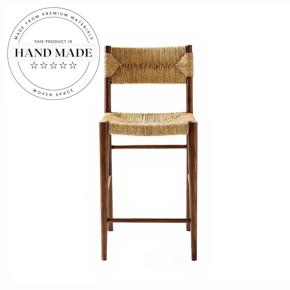 Midcentury Vintage Rattan Weave Counter Bar Stool with Solid Wood Frame