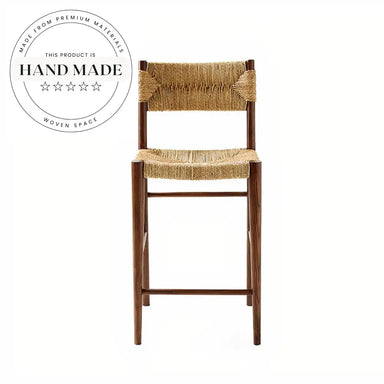 Midcentury Vintage Rattan Weave Counter Bar Stool with Solid Wood Frame