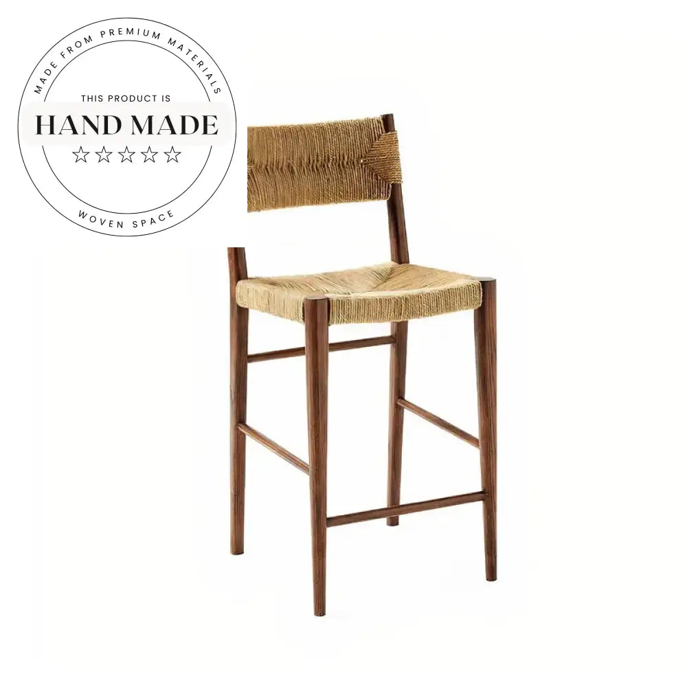 Midcentury Vintage Rattan Weave Counter Bar Stool with Solid Wood Frame