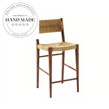 Midcentury Vintage Rattan Weave Counter Bar Stool with Solid Wood Frame