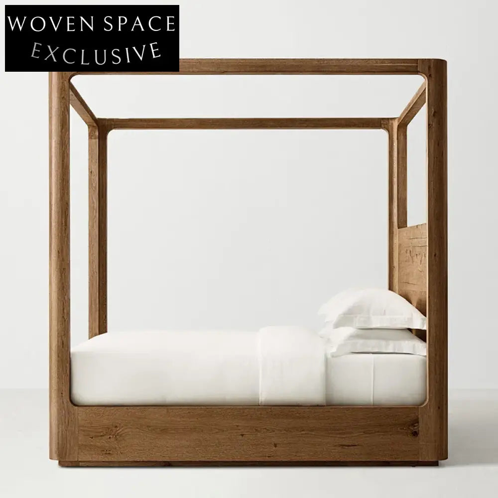 Minimalist American Canopy Solid Teak Wood King Queen Size Bedroom Bed