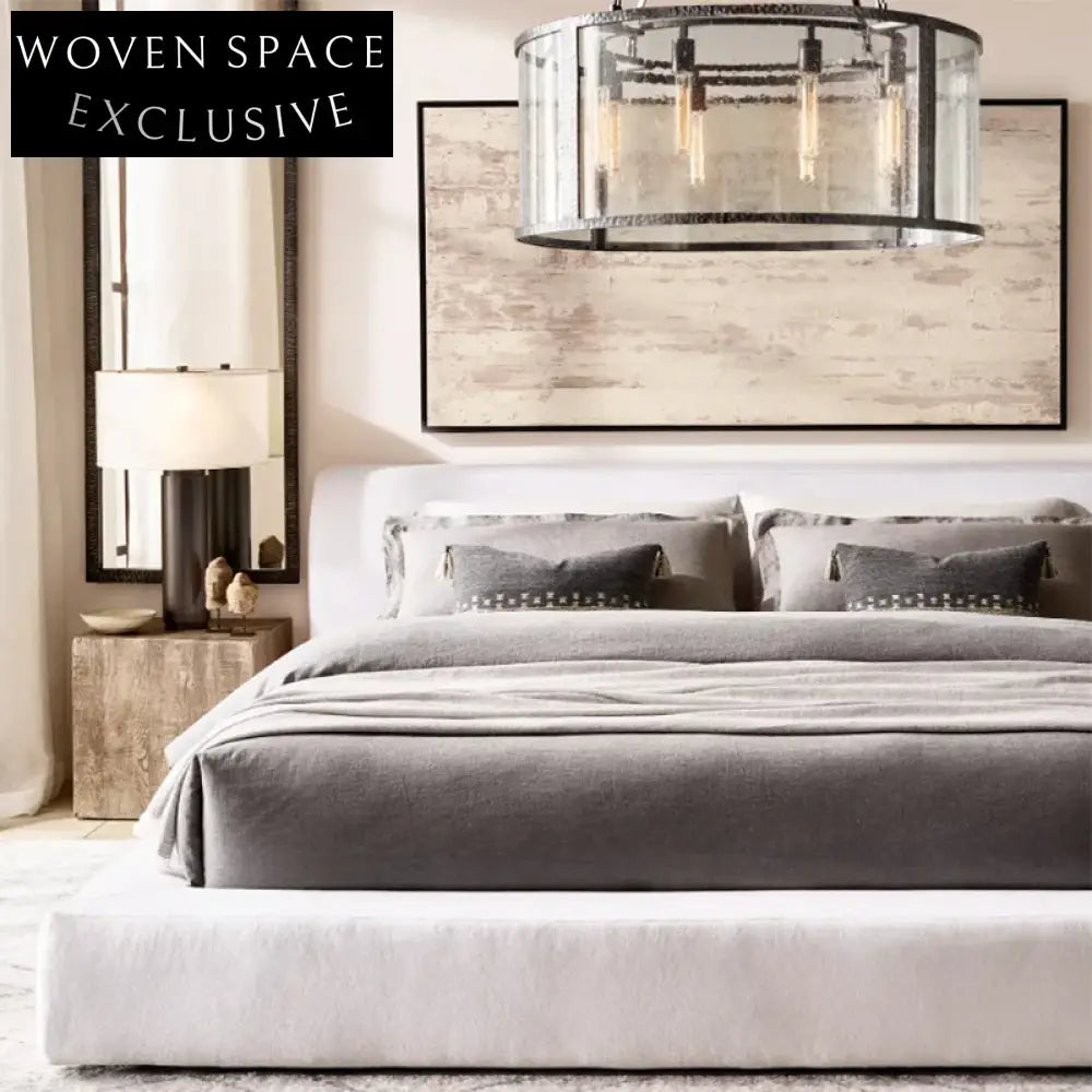 Minimalist French Style King Size Soft Bed with High White Linen Headboard Frame