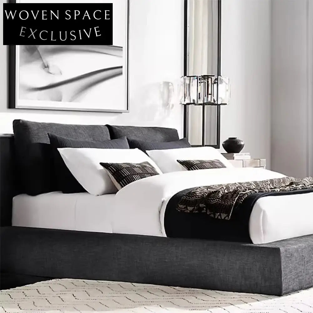 Minimalist French Style King Size Soft Bed with High White Linen Headboard Frame