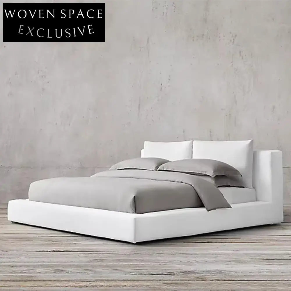 Minimalist French Style King Size Soft Bed with High White Linen Headboard Frame