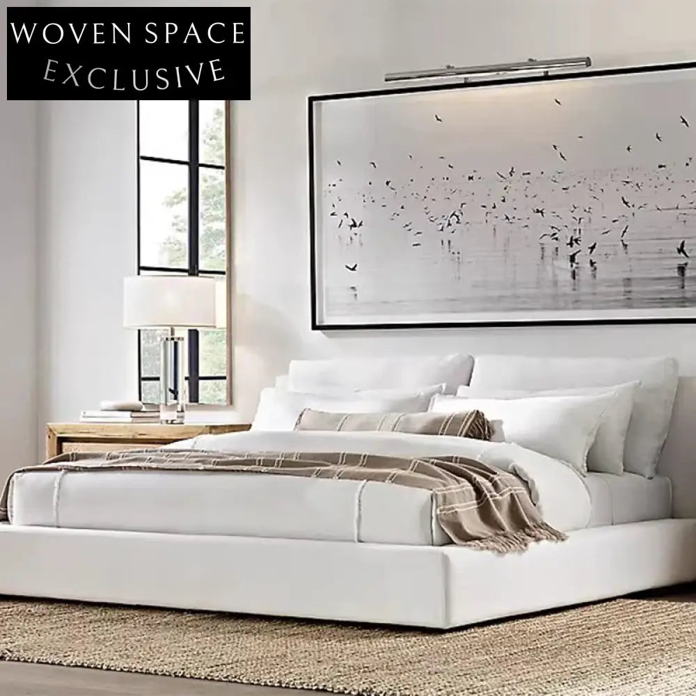 Minimalist French Style King Size Soft Bed with High White Linen Headboard Frame