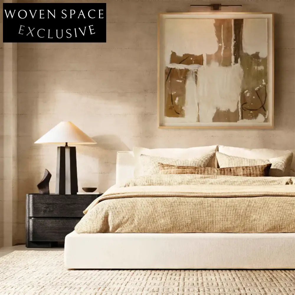 Minimalist French Style King Size Soft Bed with High White Linen Headboard Frame