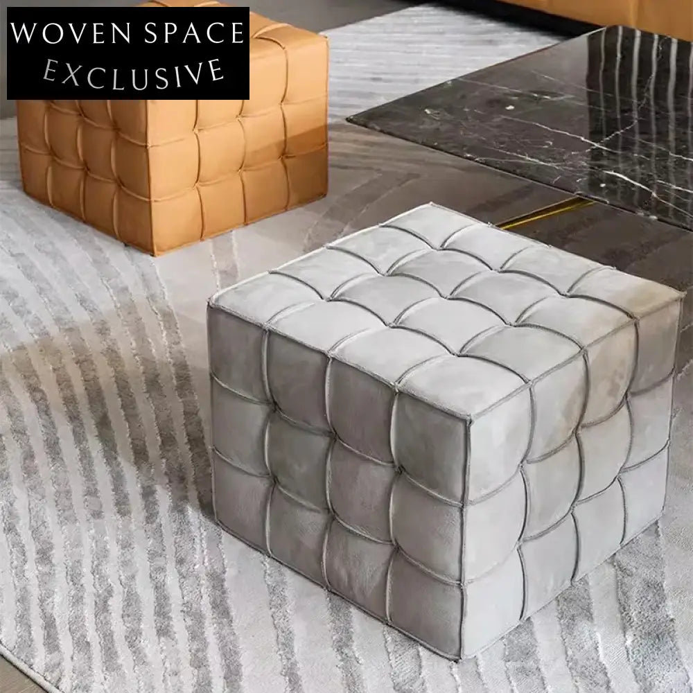 Minimalist Italian Leather Upholstery Cuboid Ottoman Seat for Apartment Living
