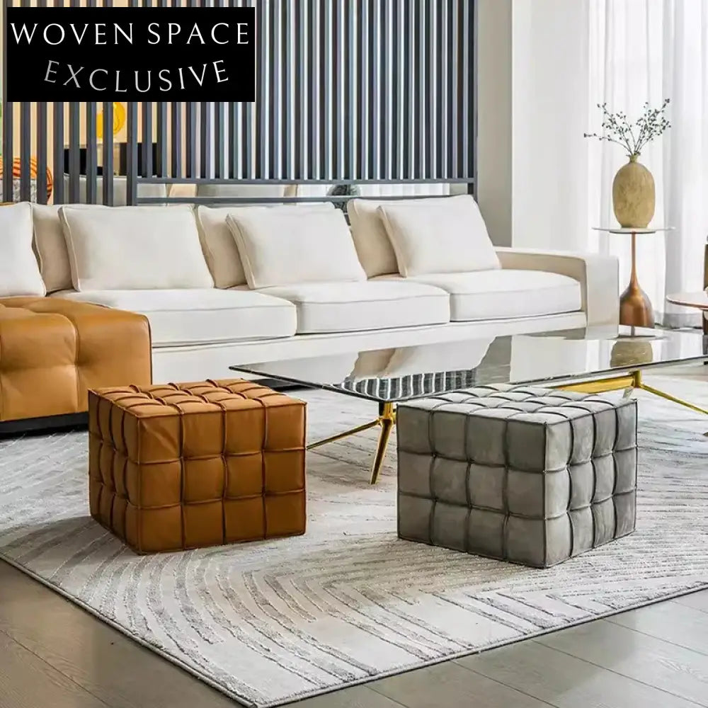 Minimalist Italian Leather Upholstery Cuboid Ottoman Seat for Apartment Living