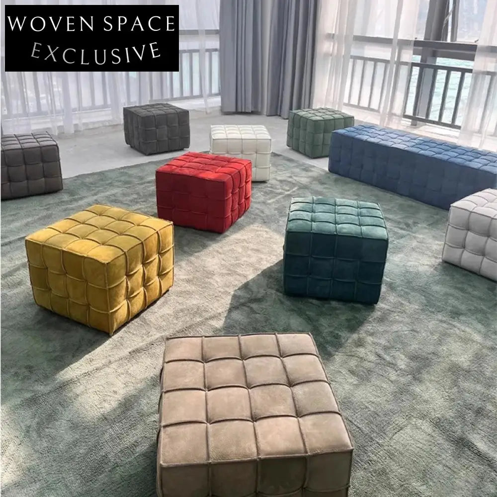 Minimalist Italian Leather Upholstery Cuboid Ottoman Seat for Apartment Living