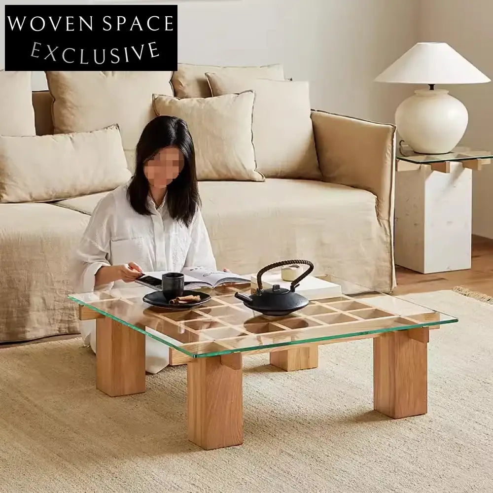 Minimalist Luxury Tempered Glass Top Wood Frame Modern Center Coffee Table