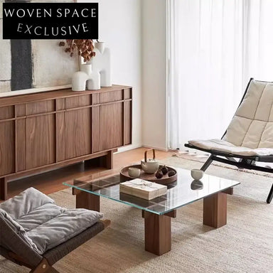 Minimalist Luxury Tempered Glass Top Wood Frame Modern Center Coffee Table