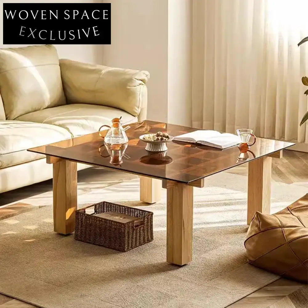 Minimalist Luxury Tempered Glass Top Wood Frame Modern Center Coffee Table