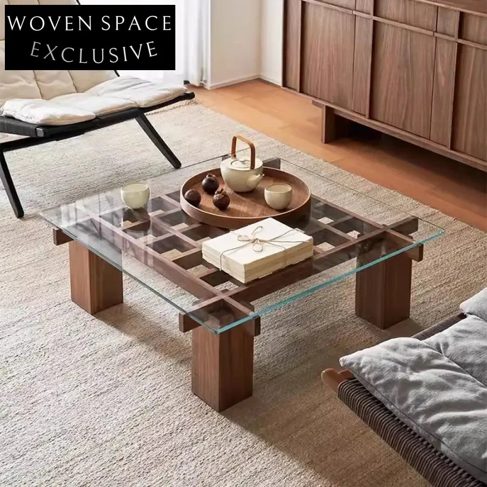 Minimalist Luxury Tempered Glass Top Wood Frame Modern Center Coffee Table