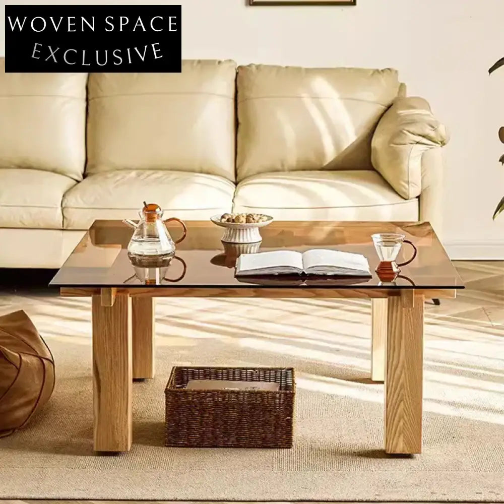 Minimalist Luxury Tempered Glass Top Wood Frame Modern Center Coffee Table