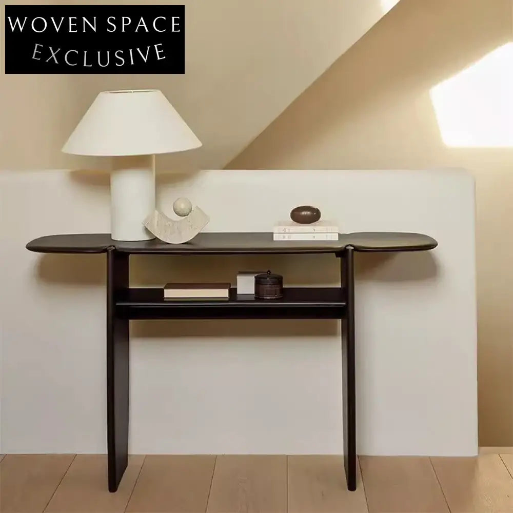 Minimalist Simple Hallway Oak Wood Black Rectangle Console Table with Storage