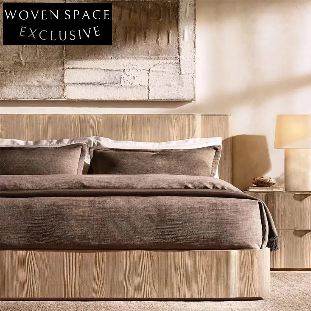 Minimalist Solid Elm Wood High Headboard Bed Frame for Modern Bedrooms