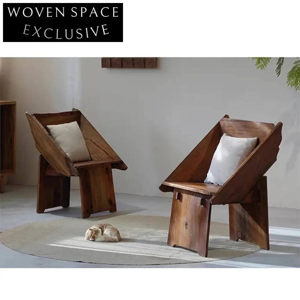 Minimalist Solid Elm Wood Wabi Sabi Antique Style Lounge Chair
