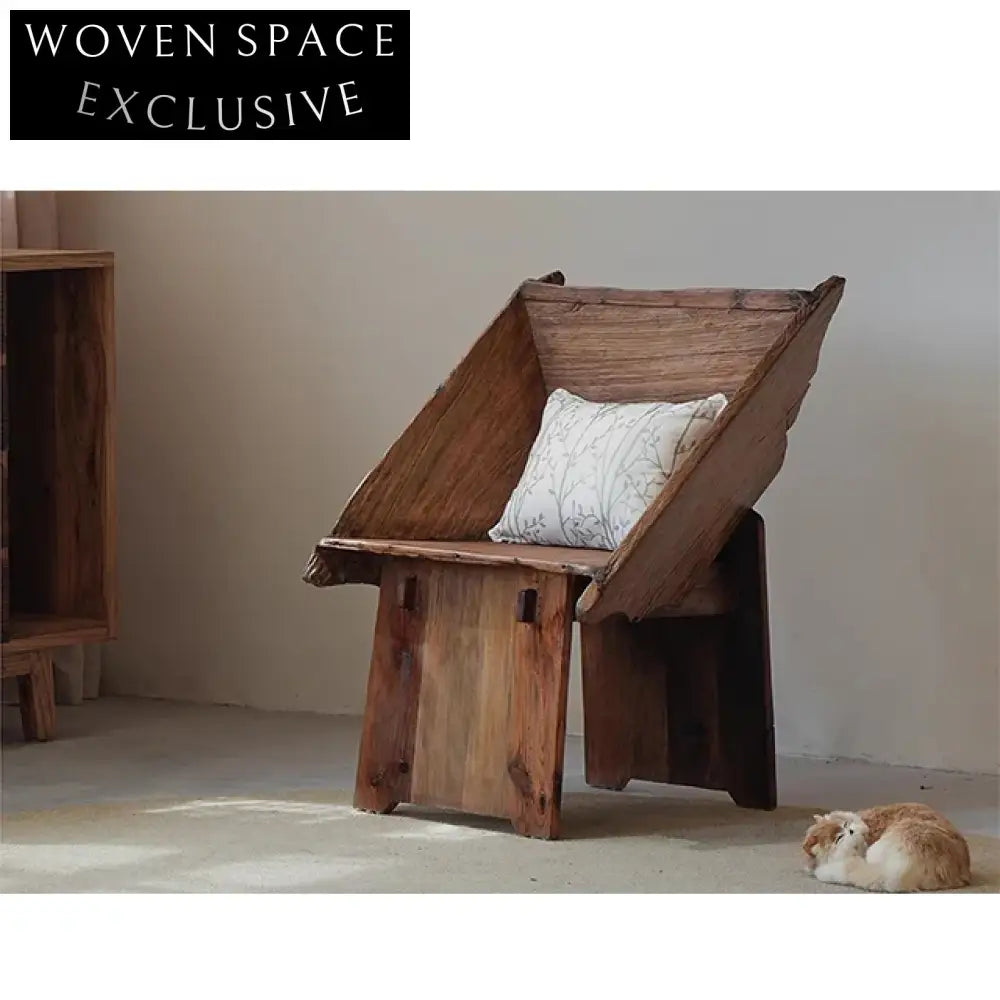 Minimalist Solid Elm Wood Wabi Sabi Antique Style Lounge Chair
