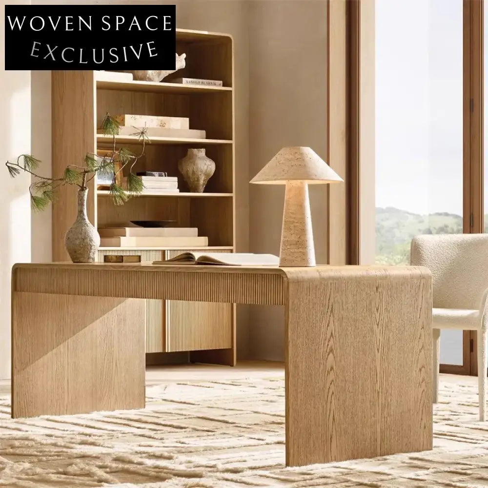 Minimalist Solid Oak Wood Home Office Writing Desk with Storage Features