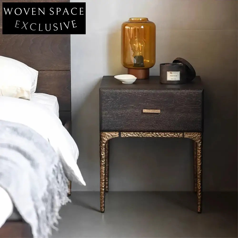 Minimalist Solid Oak Wood Storage Bedside Table Modern Metal Base Accent